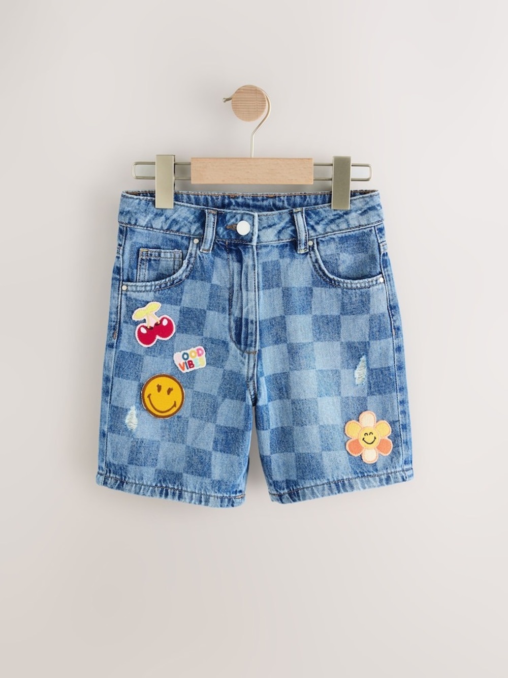 NEXT Checkered Blue Smiley World Denim Shorts W/ Patches Size 10 yrs